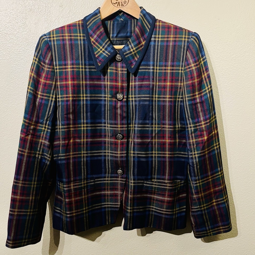 Le Suit Short Blazer Plaid‎ Gold Buttons  Autumn Fall Preppy Old Money Size 10 P